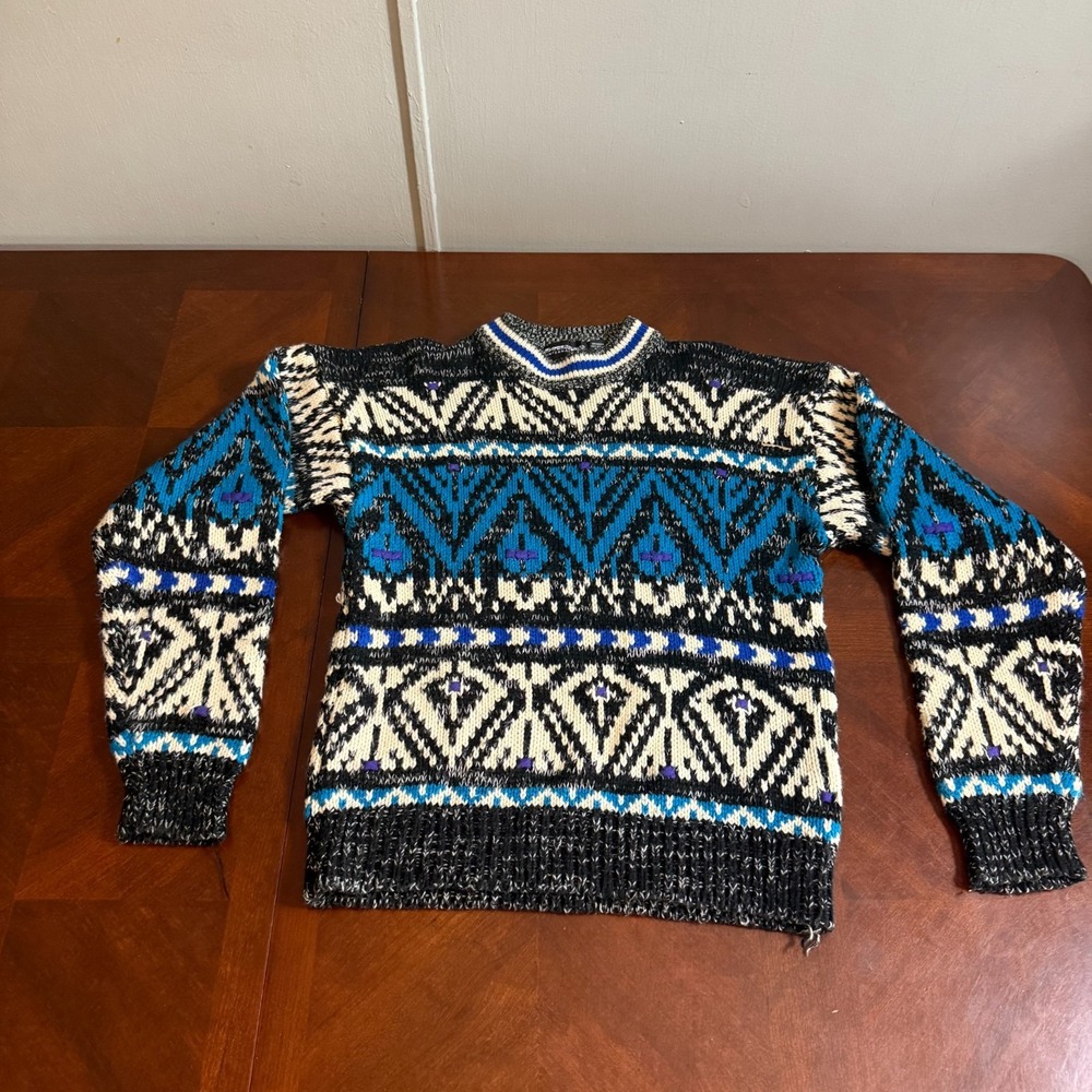 Vintage Xtreme‎ International Abstract Geometric Knit Sweater 80s 90s Blue L